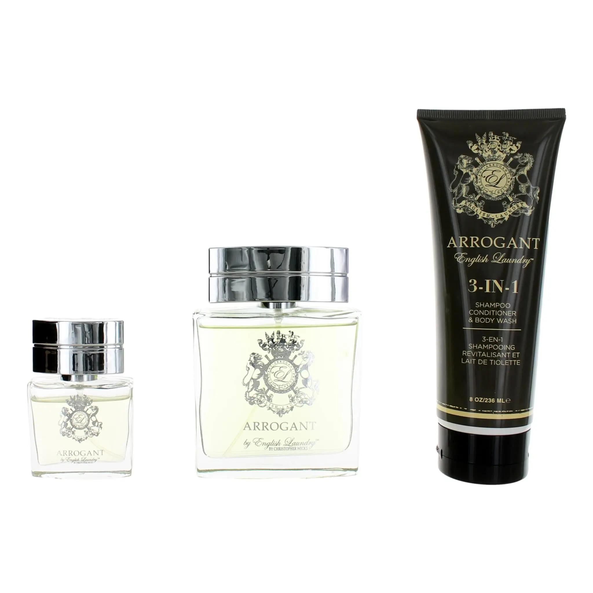 Arrogant by English Laundry Men's 3-Piece Gift Set - 3.4 oz Spray, 0.68 oz Shampoo/Conditioner, Amber, Lavender, Musk, Wood, Refined Classic and Polished Refreshing Fragrance Sets, Citrus, Cedarwood, Fresh Aroma, Male Grooming, Gift Ready, No