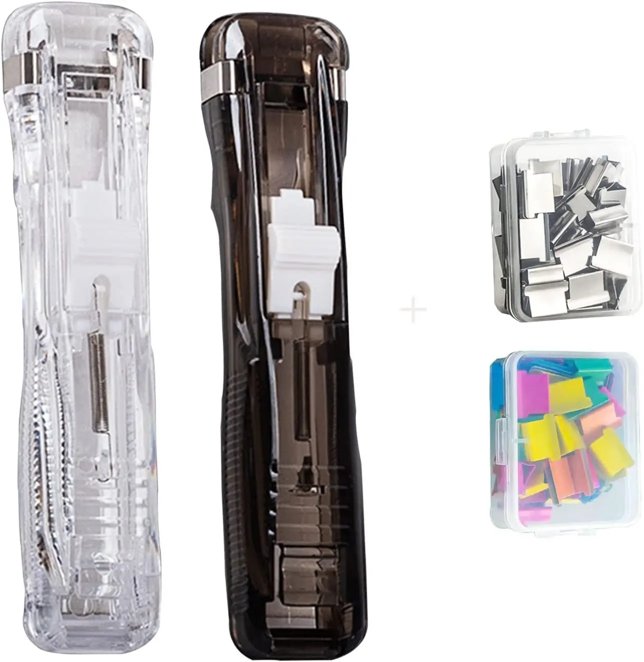 2-Pack Multifunctional Stationery Mini Push Staplers with 100-Count Refill, Transparent & Black Plastic Body Set, 30-Page Paper Capacity, Hole-Free Reusability for Documents, Tax Tasks, Making Cards (Office Supplies Kit)