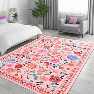 Pink Flannel Non-slip Area Rug, Washable Bohemian Vintage Short Pile Printed Area Rug for Living Room, Bedroom, Kids Room, Playroom, Dining Room, Home Office, Farmhouse and Other Home Decor, 4x6, 5x8, 6x9 Feet
