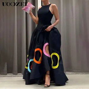 UOOZEE Women's Sleeveless Hollow Pleated Slit Round Neck Maxi Dress - Formal Dresses, Chic Classy Outfits, Geometric Design, Heavy Hem, Women's Clothes, Fit Tip: Order 1 Size Smaller (Ideal for Tall Wearers with High Heels),summervibes