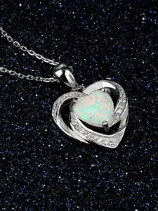 Opal Love Heart 925 Sterling Silver Opal Necklace,Gemstone Birthstone Dainty Statement Necklace
