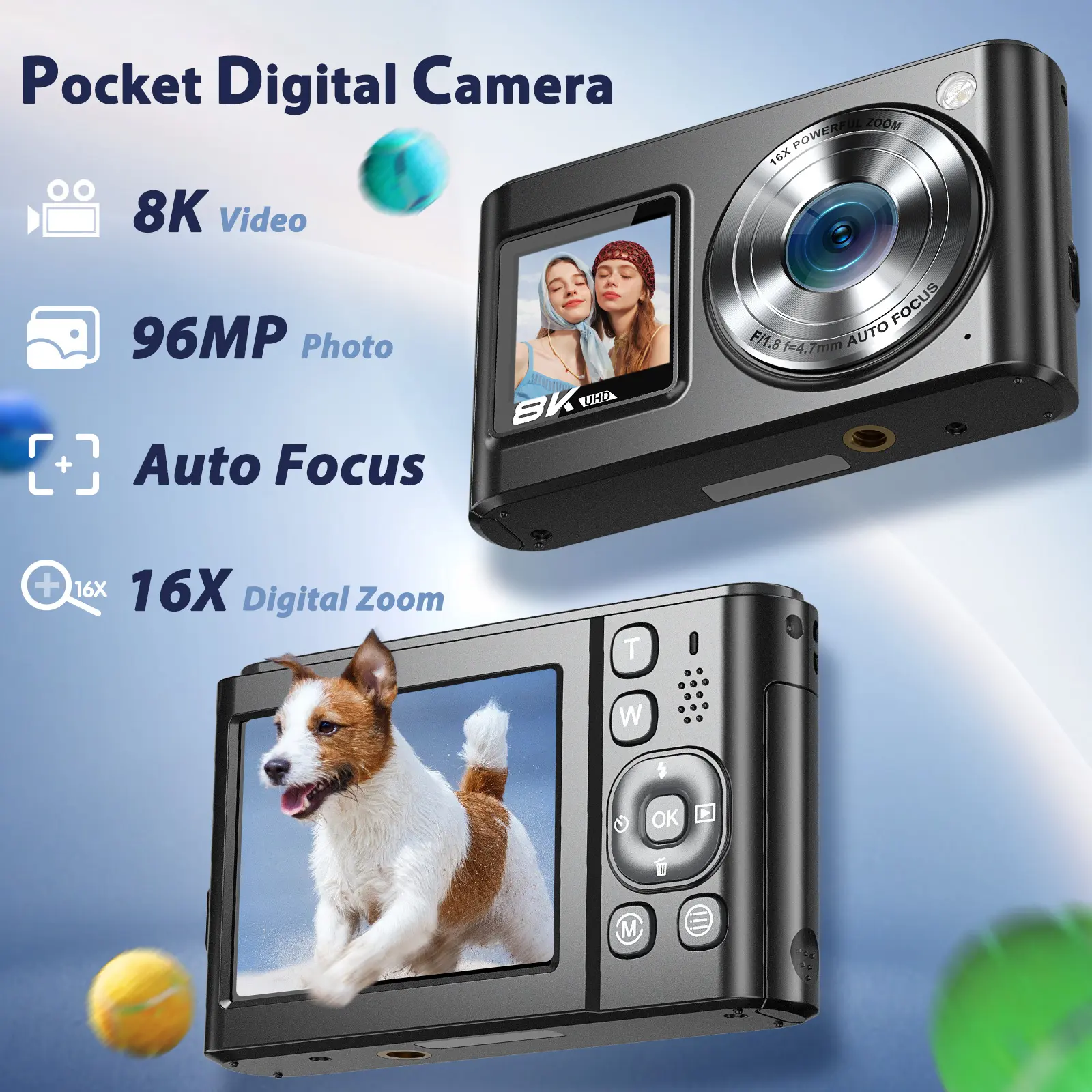 Zostuic Digital Camera 8K Vlogging Selfie Camera, 96MP Digital Camera with Dual Screen & 16X Zoom, 6-Axis EIS Anti-Shake WiFi Y2K Aesthetic Compact Camera for Boys and Girls Photography Travel Record Ideal Holiday Gift.