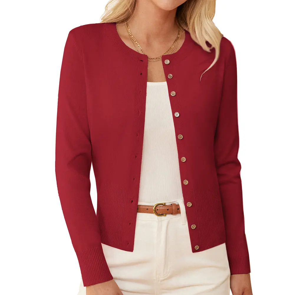 Grace Karin Women's Fitted Lightweight Spring Knitwear - Long Sleeve Button-Front Crewneck Accent Buttons Cardigan, Office-to-Outdoor Crop Sweater Jacket