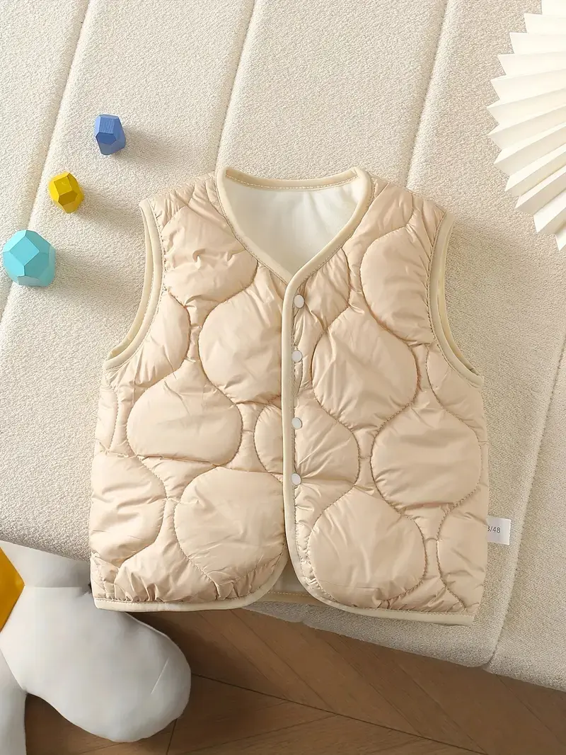 Beige Menswear Overall Textured V Neck Sleeveless Button Front Quilted Big Gourd Small Waistcoat Brown Boy Thickened