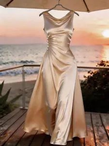 Women's Elegant Champagne Satin Dress, Waist Pleated, Smooth Satin Fabric, Natural Drape, Pearl Button Decor At Waist, Simple Yet Sophisticated, Basic Style Elevated By Pearl & Satin Material, Suitable For Spring/Summer Commute, Daily Wear, Winter, Party,