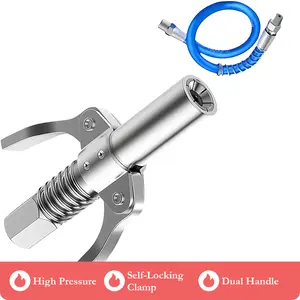Automotive Grease Tool Connector High Pressure NPT1/8 Tip 10000 PSI Oil Nozzle Hose Set Dual Handle Self Locking Clamp Mechanical Tools Oil Fluid Extractor Oil Filter Wrench