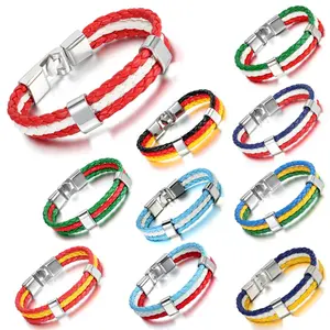 OIDEA National Country Flag Leather Bracelet for Men Women, Braided PU Leather Wristband, Patriotic Soccer Fan Cuff Bangle Jewelry Gift