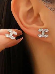 Fashion Zircon Stud Earrings, Elegant Copper Plated Jewelry, Perfect for Daily Wear and Gifts, Women's Fashion Accessories