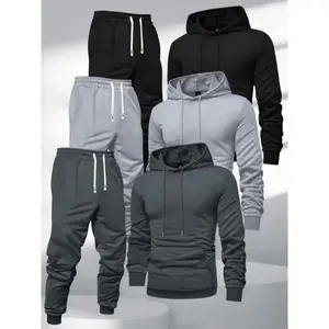 3pcsMen'SHoodedSweatshirtandJoggersSet,PolyesterSportsTracksuit,SolidColor,LongSleeve,SlightStretchKnitFabric