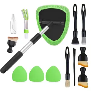 13 PCS Windshield Cleaning Tool, 180° Rotating Extendable Car Window Cleaner, Auto Glass Wiper Kit Includes 4 Reusable Microfiber Pads, 1 Spray Bottle, 1 Air Conditioning Brush、5 PCS Car Detailing Brush Set