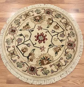 3ft Round Floral Medallion Rug - Small Traditional Beige & Burgundy Circle Rug