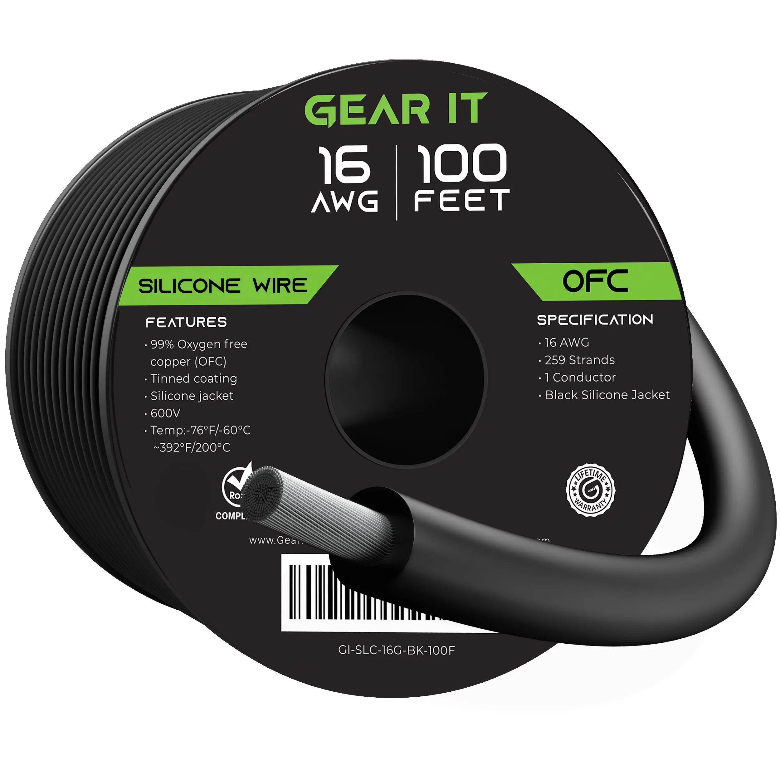 16AWG 600V Tinned OFC Stranded Silicone Wire, 100ft Black