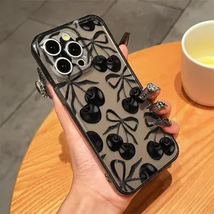 Cherry & Bow Pattern Phone Case, Decorative Anti-drop Cellphone Protective Case, Total Protective Shockproof Phone Cover for iPhone 11 12 13 14 15 16 Pro Max X XR, Casing, Decorative Phone Protector, Stylish Shockproof Cover