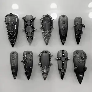 Handmade Gothic Spike Press On Nails, Black Chains & Metal Ring Art