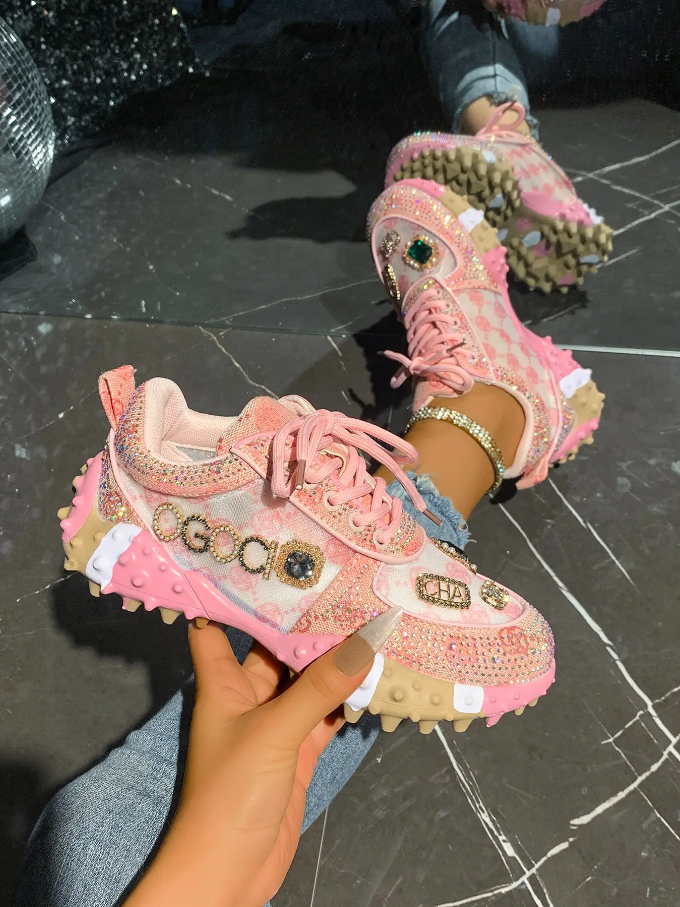 Women's Mesh Breathable Rhinestone Dad Shoes, Platform Sneakers, Sweet Cool Style, Thick Sole Height Boost, Trendy Casual Footwear, Spring & Fall Fashion, Trainer