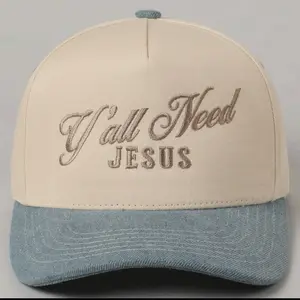 Y'all Need Jesus Embroidered Trucker hat - Beige & Blue Adjustable Snapback Hat