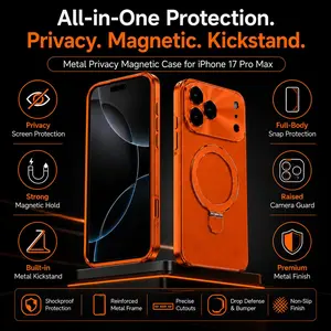 Durable Metal Privacy Magnetic Smartphone Case for iPhone 17/16/15/14/13 Pro Max, Full Body Drop-Proof Cover with Anti-Peep Screen Protector, Built-in Ring Kickstand Mount, Landscape-Ready Shockproof Handheld Cellphone Devices Accessory