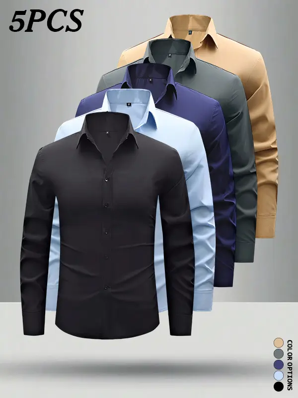 5-pack everyday men’s long-sleeve casual shirts—available in multiple colors to reduce outfit decision fatigue. Loose fit with extra room for unrestricted arm movement. Can be worn solo or layered for a complete, dimensional look.