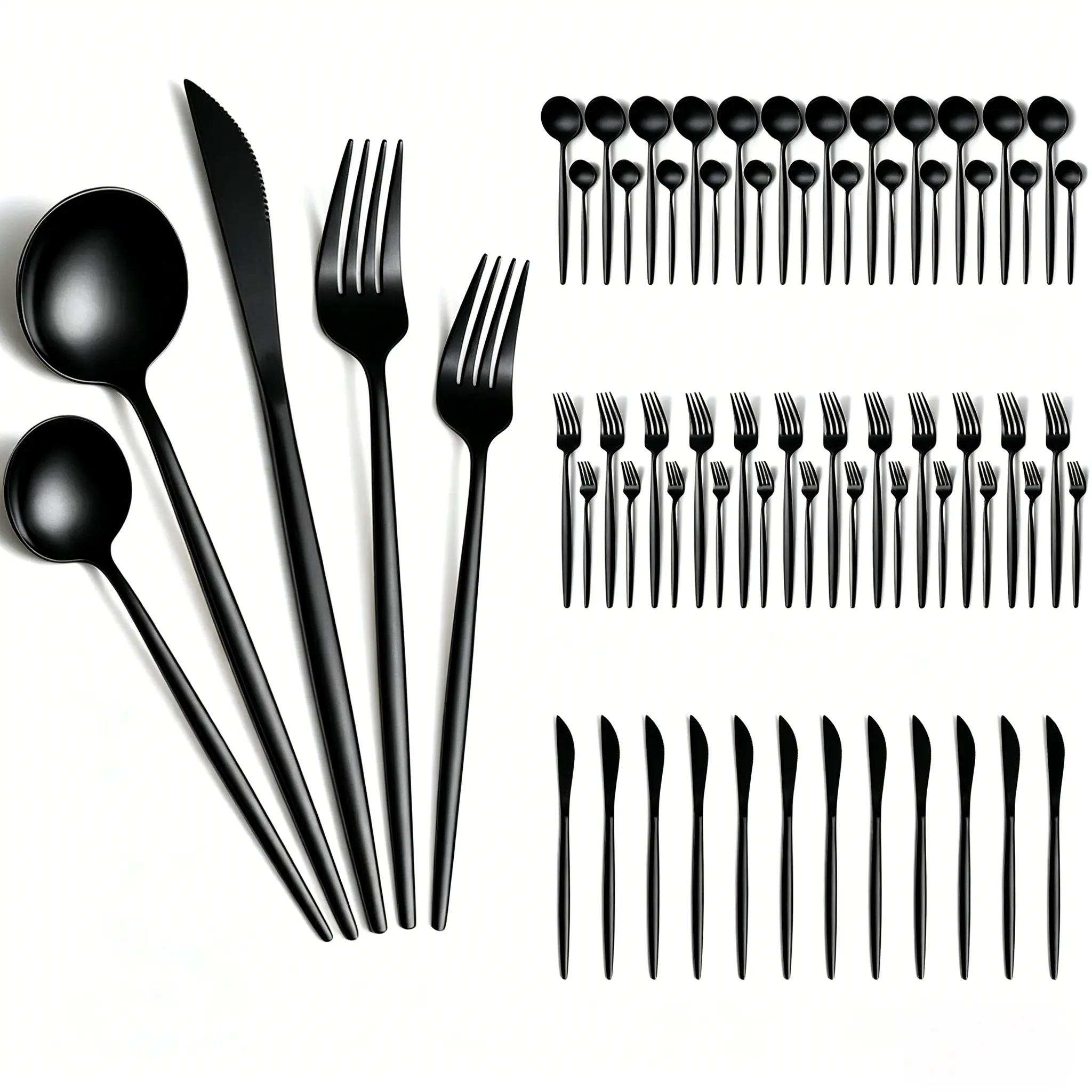 60-Piece Stainless Steel Black Cutlery & Tableware Set, Service for 12, Dishwasher-Safe Sturdy Metal Utensils Including Knives, Forks, Spoons for Home & Restaurant Use