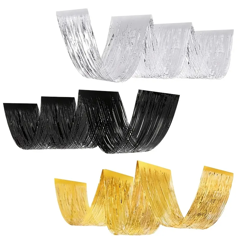 2pcs 180inX13.2in Tinsel Streamer Decorations, Golden/silver/black Wave Suspended Ceiling Tassel Backdrop for Wedding, New Year'S Eve, Birthday Party, Valentine'S Day, Party Events, Party Accessory, Home Decor Ornaments