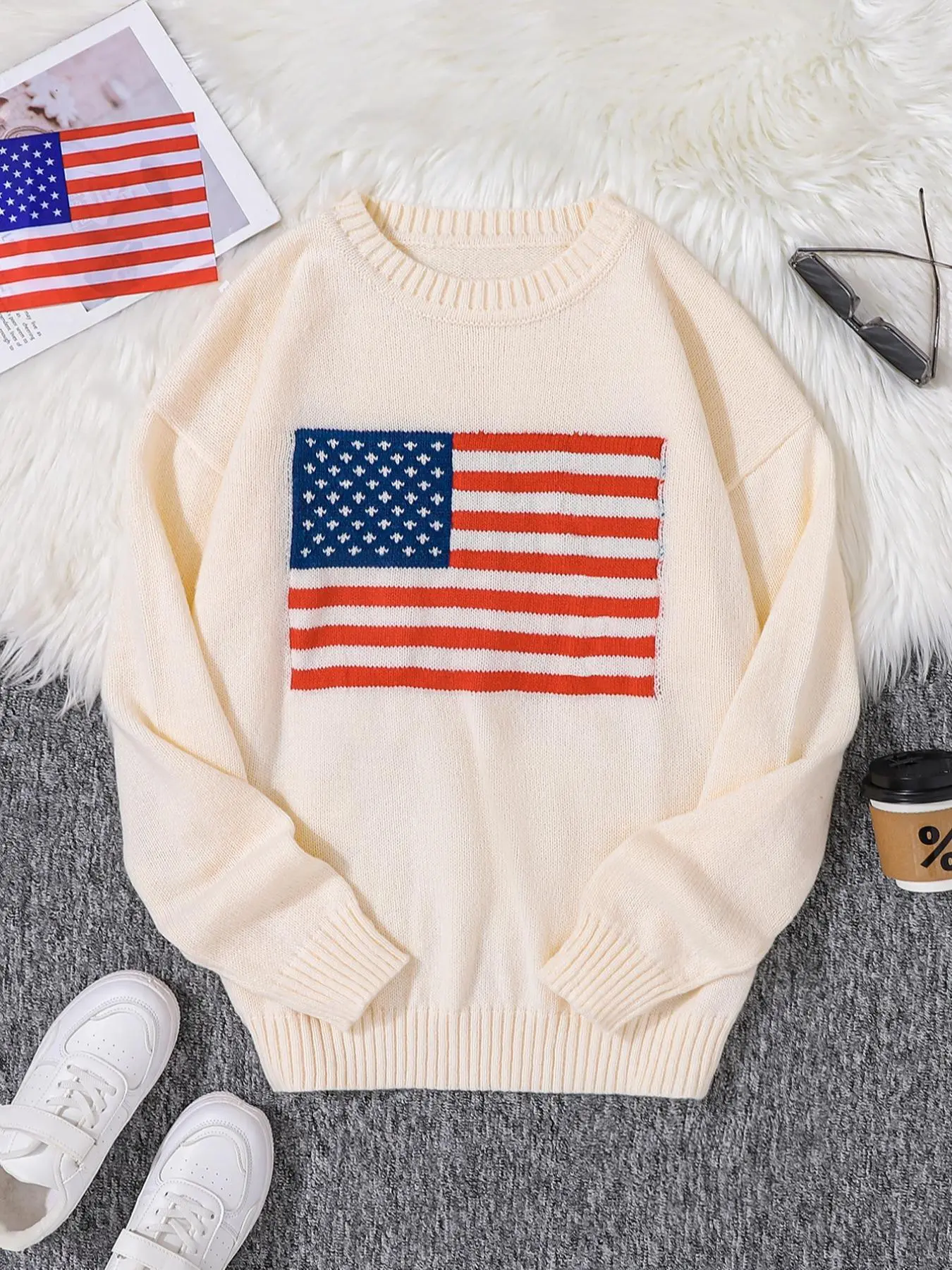 Men's Regular Fit American Flag Graphic Drop Shoulder Sweater Pullover, Casual Long Sleeve Round Neck Jumper for Spring & Fall, Fashion Men's Fitted Knitwear Fabric for Daily Wear