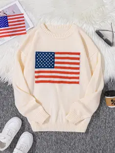 Men's Regular Fit American Flag Graphic Drop Shoulder Sweater, Casual Long Sleeve Round Neck Jumper for Spring & Fall, Fashion Men's Fitted Knitwear Fabric for Daily Wear