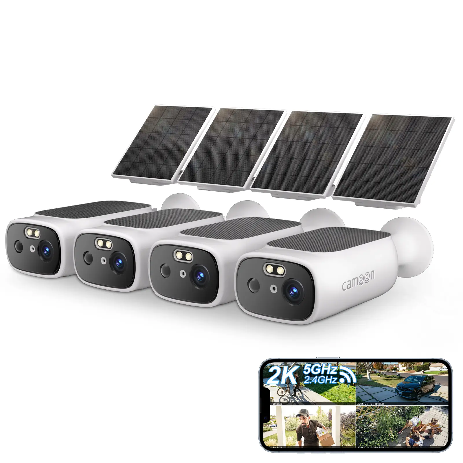 2K Solar Camera Outdoor Wireless-5/2.4Ghz WiFi Cameras for Home Security, AI Motion Detection, Color Night Vision, SD Card/Cloud Storage, Waterproof, Compatible with Alexa/Google Home (4 Cameras)