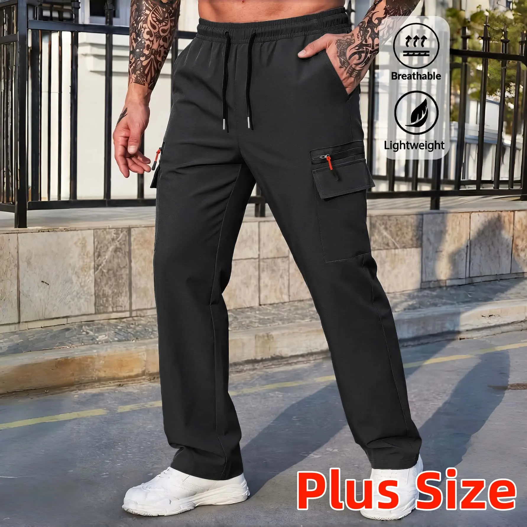 Big & Tall Plus Size Men’s Breathable Loose Cargo Jogger Pants, Lightweight Quick Dry Multi Pocket Casual Trousers, Drawstring Waist Outdoor Hiking Streetwear Pants for Work Walking Daily All Season Wear，Comfy Elastic Waist Drawstring Pants