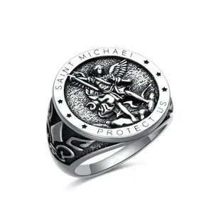 S925 Sterling Silver Round Saint Michael Signet Ring