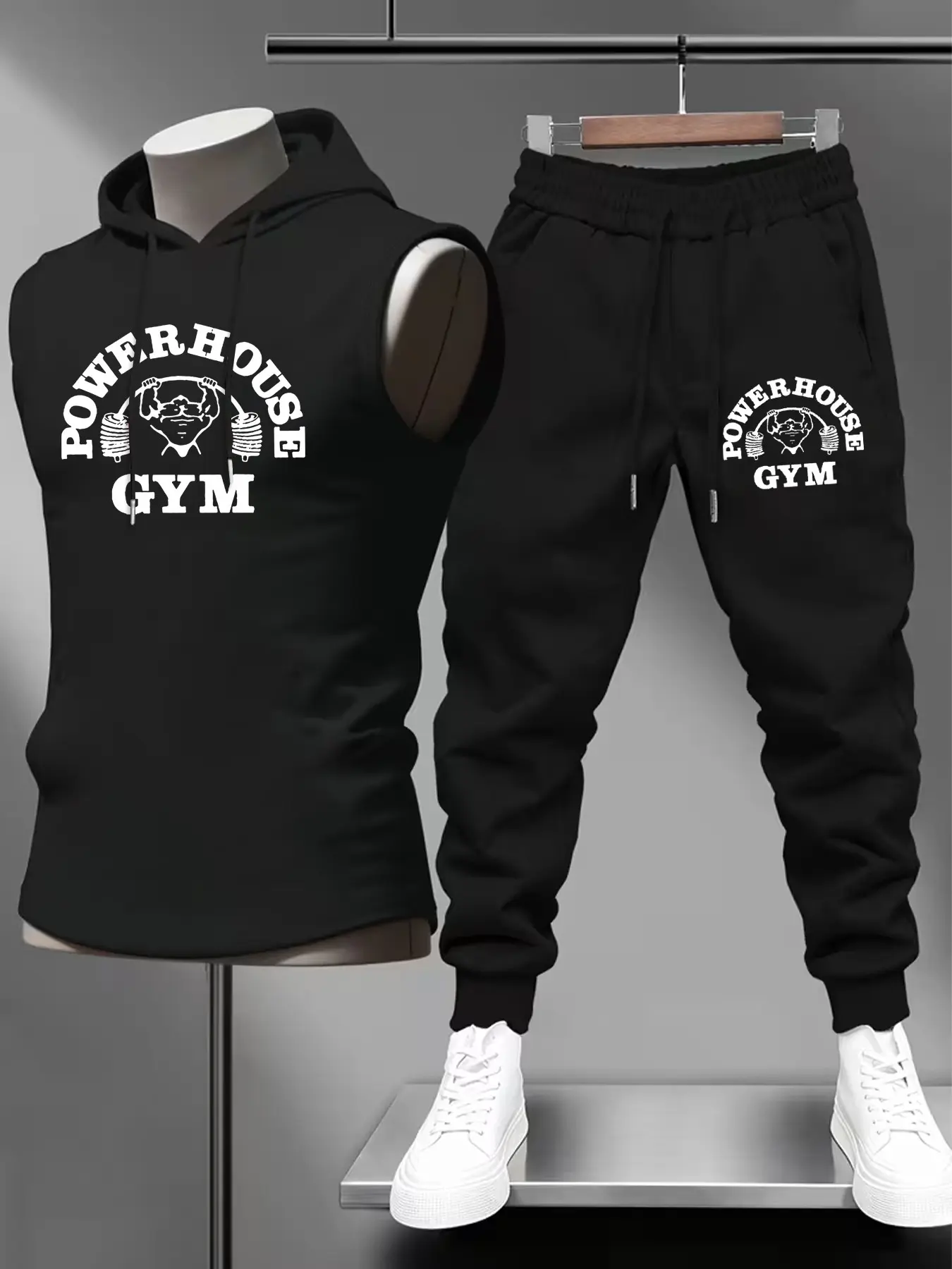 Men's Fitness Sportswear Set, Hooded Sleeveless Vest Top & Drawstring Waist Pants, Weightlifting Print Design, Casual Outdoor Wear