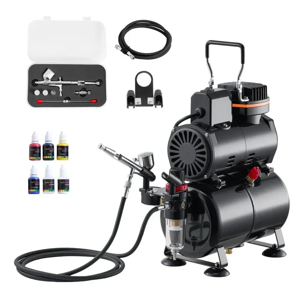 【Summerfinds】VEVOR Airbrush Kit, 1/6 HP, Air Brush Kit with Air Compressor and Tank, 1 Dual-Action Professional Airbrush with 3 Tips, Acrylic Paint, Low Noise, for Cake Decorating, Model Painting, Nail Art