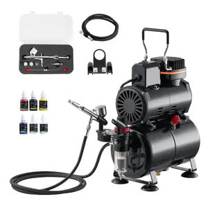 VEVOR Airbrush Kit, 1/6 HP, Air Brush Kit with Air Compressor and Tank, 1 Dual-Action Professional Airbrush with 3 Tips, Acrylic Paint, Low Noise, for Cake Decorating, Model Painting, Nail Art
