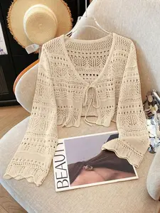 Women's V Neck Hollow Out Tie Front Crochet Knittd Cropped Cardigan, Long Sleeve Loose Fit Casual Summer Spring Lightweight Fashion Chic Street Daily Wear Knit Cardigan, Women Summer Cardigan, Knitwear, Womenswear, Everyday