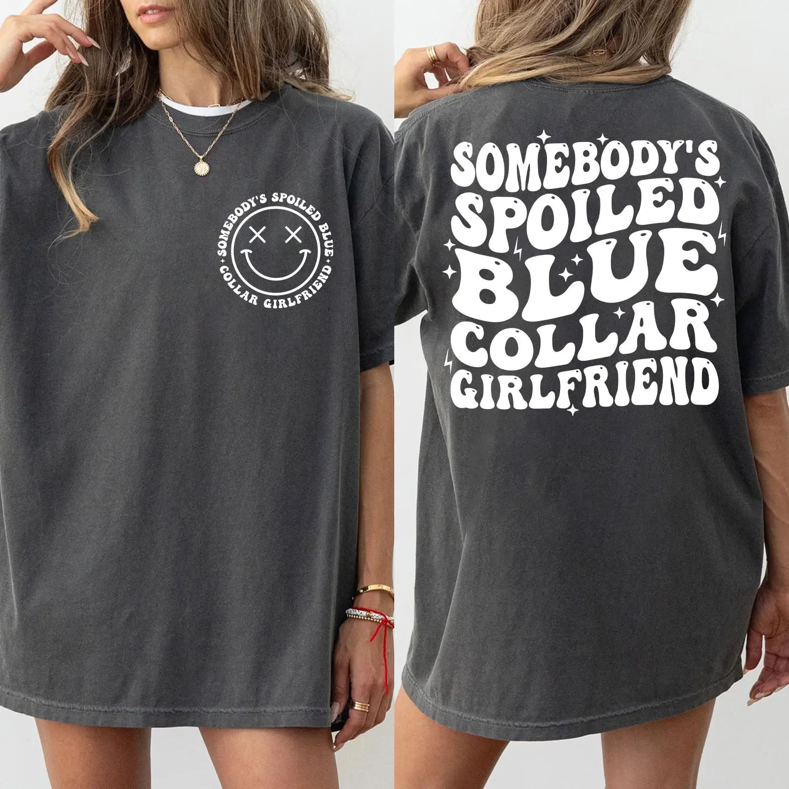 Comfort Colors Somebody’s Spoiled Blue Collar Girlfriend Shirt, Funny Girlfriend Graphic Tee, Gift for Girlfriends