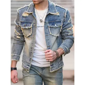 Retro men's denim jacket, heavy-duty nostalgic washed distressed streetwear with frayed edges, men's jacket, outdoor casual fashion denim top