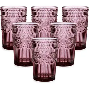 Glassware Drinking Glasses Set of 6,13 oz Purple Textured Flower Design Glass Water Tumblers,Embossed Striped Drinkware for Water,,Juice,Iced Coffee