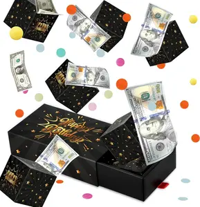 WenmthG Happy Birthday Surprise Gift Box Explosion for Money - DIY Pop Out Folding Bounce Explosion Gift Box with Confetti - Birthday Money Bank - Cash Gift Idea for Women Men Kids (Black Gold)