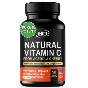 HCL HERBAL CODE LABS Natural Vitamin C from Organic Acerola Cherry - High Absorption - with Garlic Ginger & Citrus Bioflavonoids - Immune System & Collagen Booster - Anti Aging Skin Vitamins