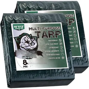 2 Pack Finished Size 10x12   Green Tarp 8 Mil Thick, Multipurpose Protective Cover for  Rain Shelter Camping Tarpaulin