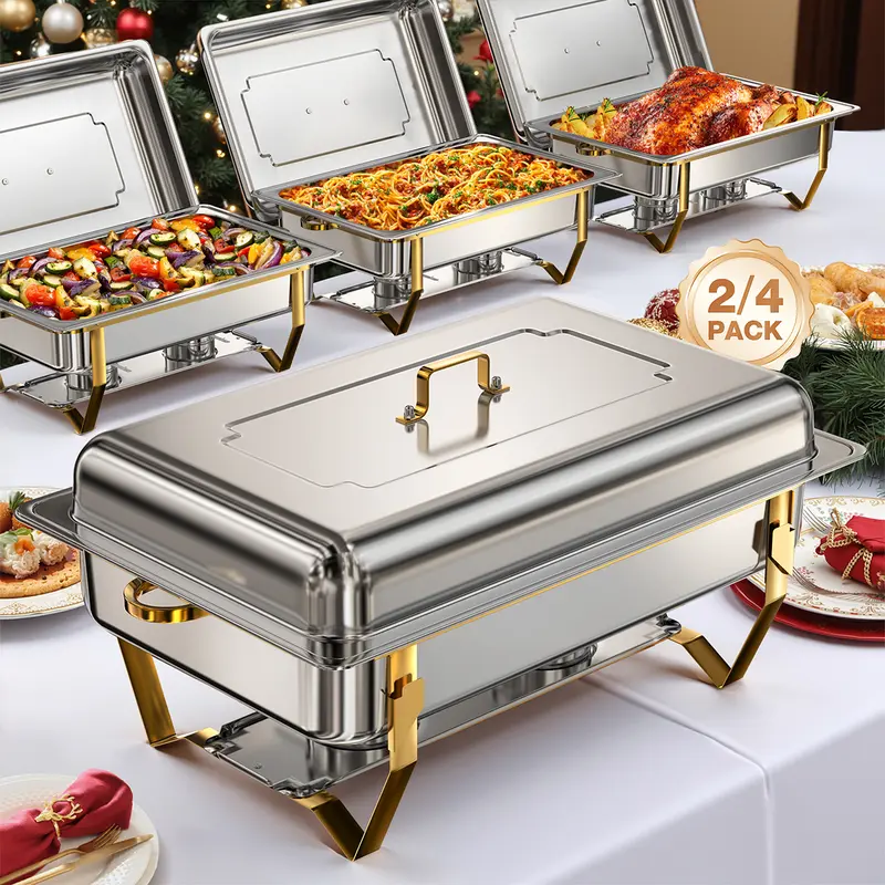 [Back To School] WARMOUNTS 9QT Gold Rectangular Chafing Bakeware Set - Mirror Polished Stainless Steel, Heat Resistant Bakeware, Built-In Food Warmer, Rolled Rim, Foldable Accent Gold Frame, Full Size Pan for Catering, Wedding