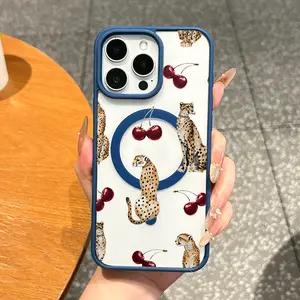 Magnetic TPU Smartphone Casing for iPhone 11/12/13/14/15/16/17 Pro Max, Aesthetic Cheetah-Cherry Mixed Print, MagSafe Ready, Shockproof, Lightweight Ultra-Thin Handheld Device Accessory, Ideal for Everyday Use