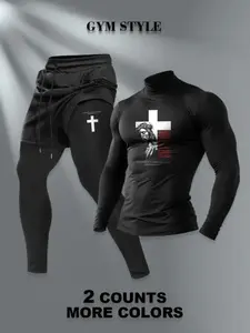 Men's 2026 Faith Fitness Fashion Set, Elastic Sports Fabric, Religious Elements, Outdoor Light Sportswear, Daily Commute Men's Clothing, athletic tracksuit set, Sweat Suit Set