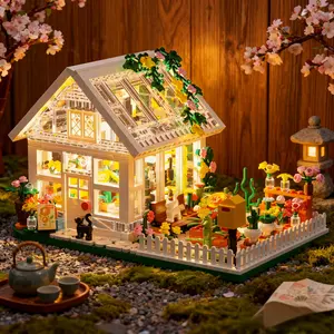 Mini Flower House Building Set, LED City View Greenhouse Building Blocks Toy, Christmas Gift for Friends