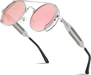 FEISEDY Aviator Sunglasses for Men Women, Retro Steampunk Gothic Round Metal Frame Hippie Glasses B2351