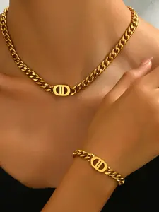 Women's Titanium Stainless Steel Necklace & Bracelet Set, Elegant Geometric Letter D Design, All-Season Jewelry Gift, Chunky Jewelry Set