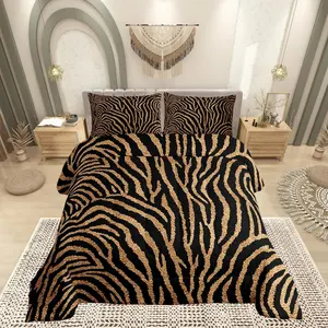 Zebra Print Comforter Set,All Seasons,Zebra Stripe Brown Black Bedding Set,Teens Bedroom Decor,Wild Animal Skin Comforter Inner Fill