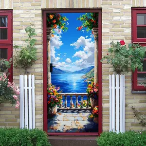 2pcs Mediterranean Style Balcony Seaview Wall Sticker Self Adhesive Removable Waterproof Stereo Landscape Decal Living Room Bedroom Sofa Background Wall Decorative Sticker Home Decoration Mural