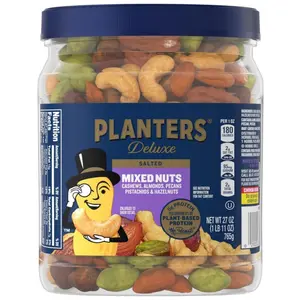 PLANTERS Deluxe Mixed Nuts with Sea Salt, 27 oz Resealable Container - Variety Mixed Nuts Snacks with Cashews, Almonds, Pecans, Pistachios & Hazelnuts - Energy Boost - Kosher