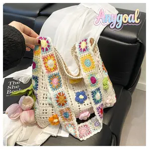 Anygoal Women's Y2K Cottagecore Handmade Floral Crochet Tote Bag, cute knit beach bag Hollow Out Knit Shoulder Bag, Cottagecore Wide Strap Bag, Large Capacity Summer Beach Bag, Casual Boho Aesthetic Bag for Women Daily Use summervibes
