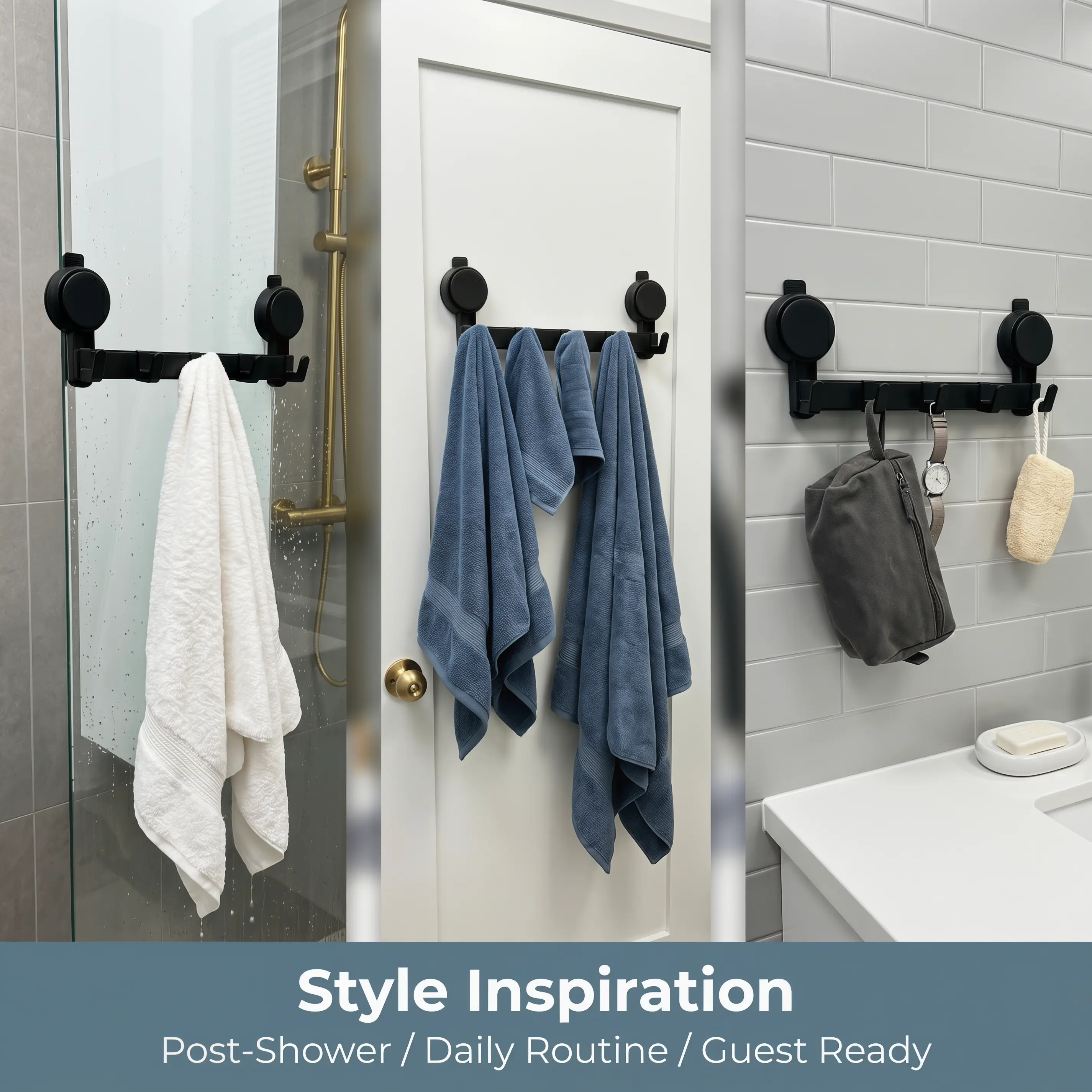 Aluminum Contemporary 5-Hook Suction Cup Bar - Rust-Proof Metal Bathroom Hooks for Towels, 1-Sec Press Mount Removable No-Drill Renters-Friendly Shower Organizer, Waterproof Vacuum Grip for Smooth Tile/Glass Surfaces